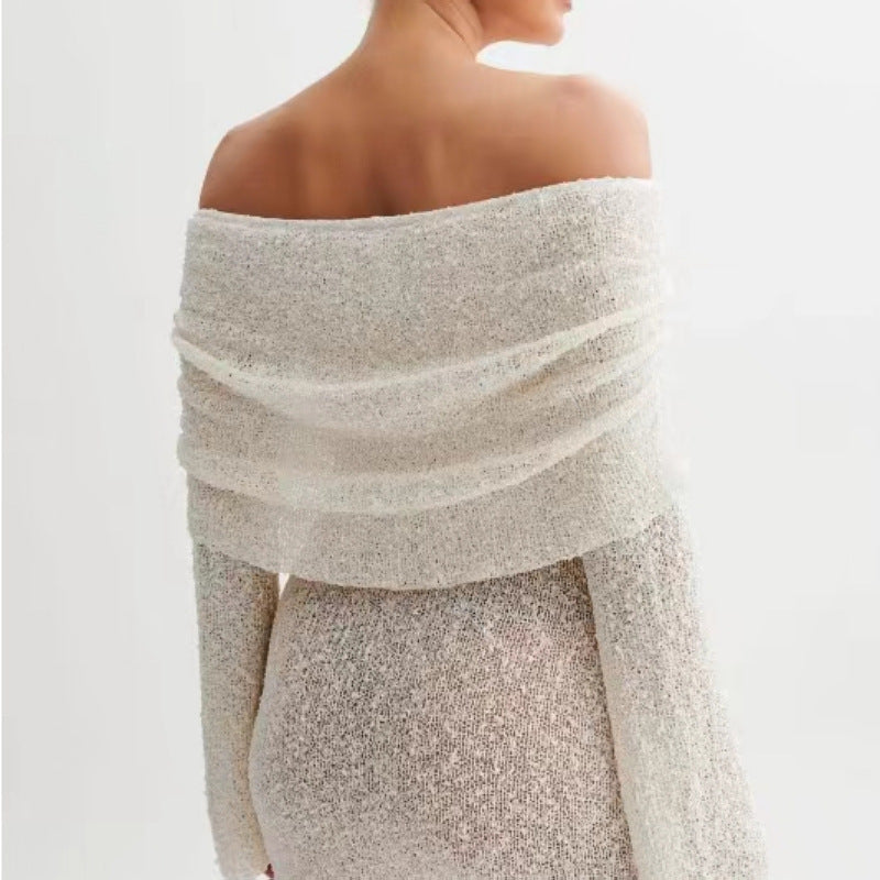 Women's Spring Summer Knitted Dress Elegant Party Boat Neck Dress Infant Off Shoulder