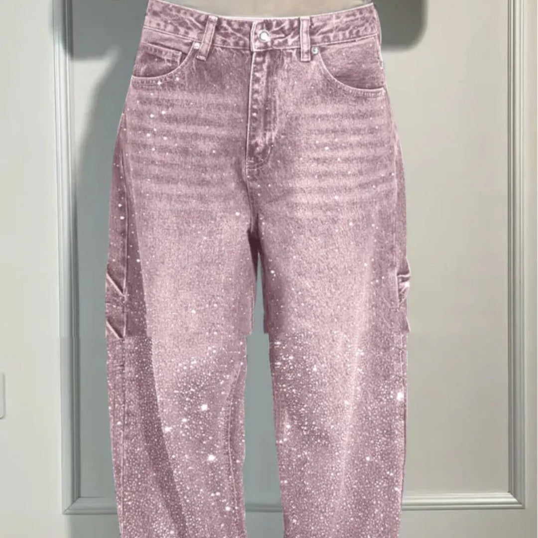 Ins Shiny Straight Jeans With Pockets Fashion Loose