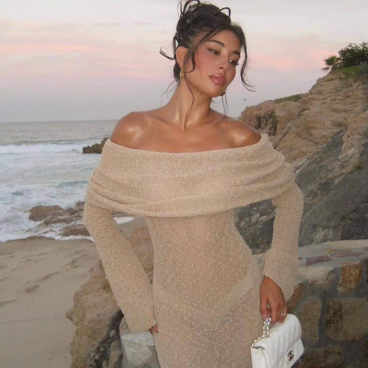 New One-shoulder Knitted Long-sleeved Dress Sexy Beach
