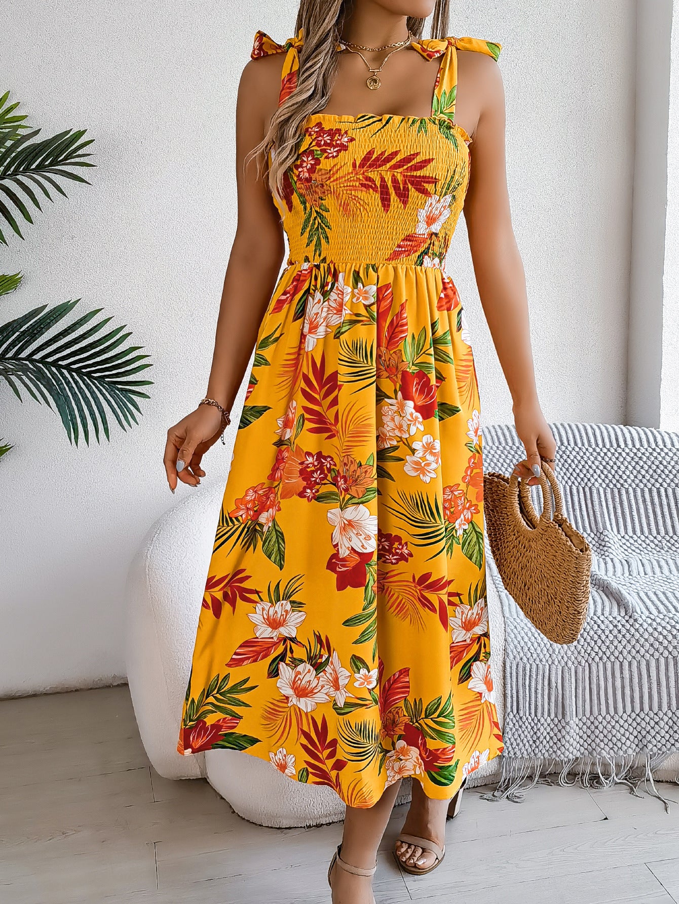Flowers Print Suspender Corset Dress