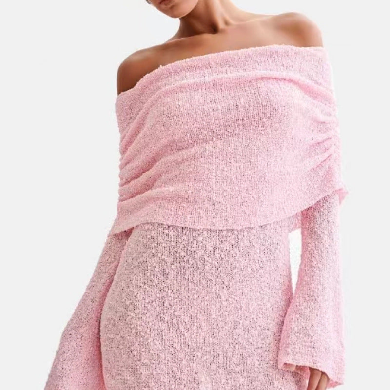 Women's Spring Summer Knitted Dress Elegant Party Boat Neck Dress Infant Off Shoulder