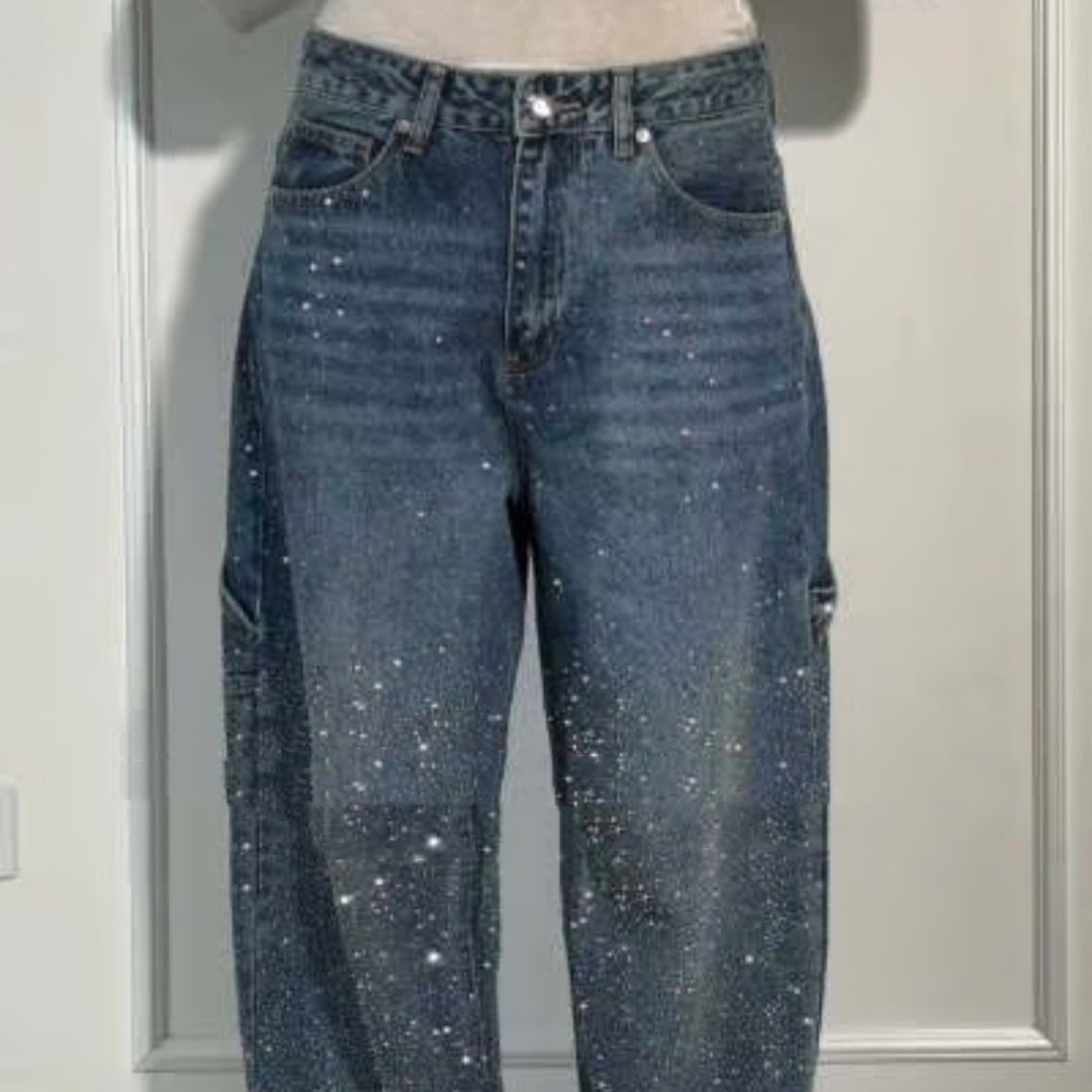Ins Shiny Straight Jeans With Pockets Fashion Loose