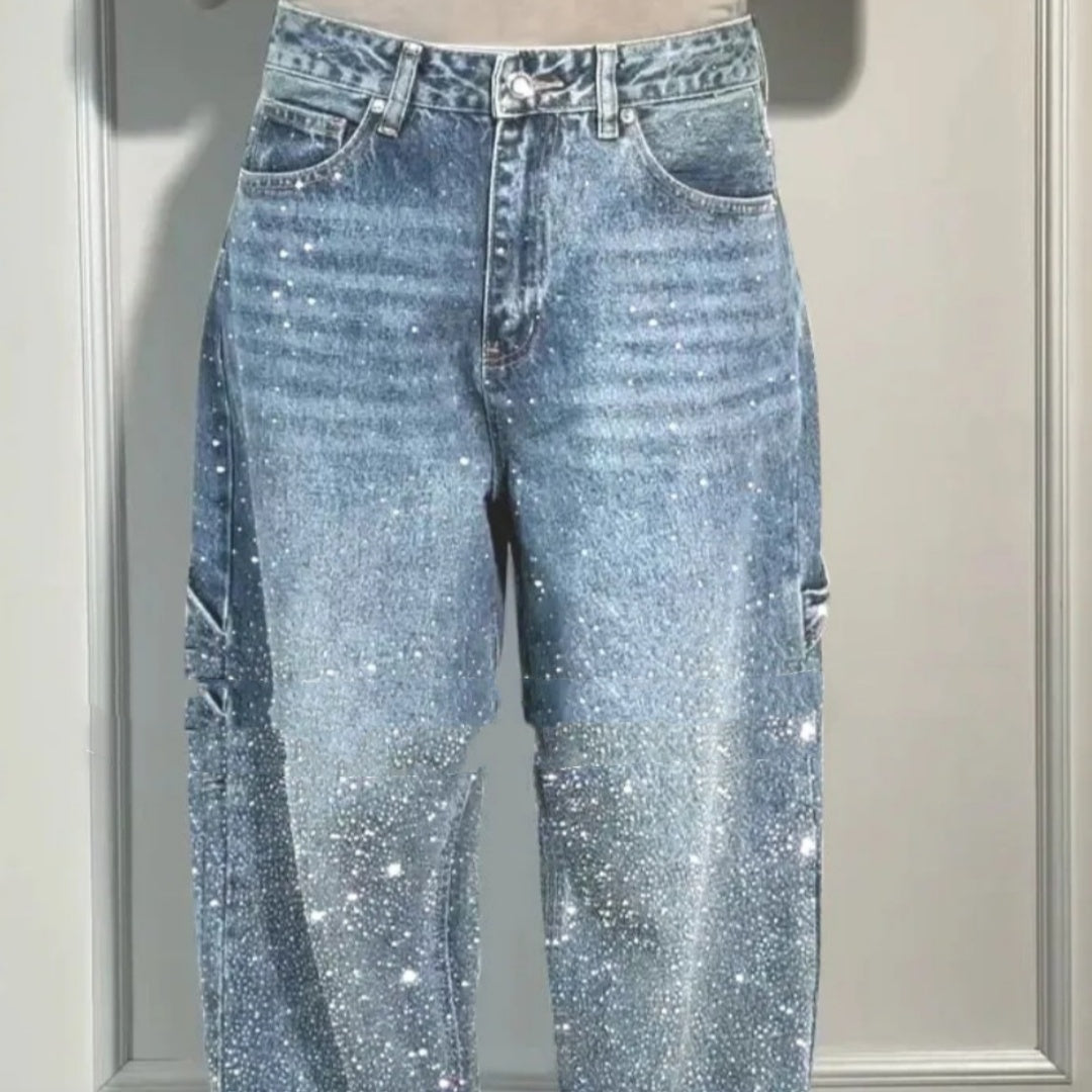 Ins Shiny Straight Jeans With Pockets Fashion Loose