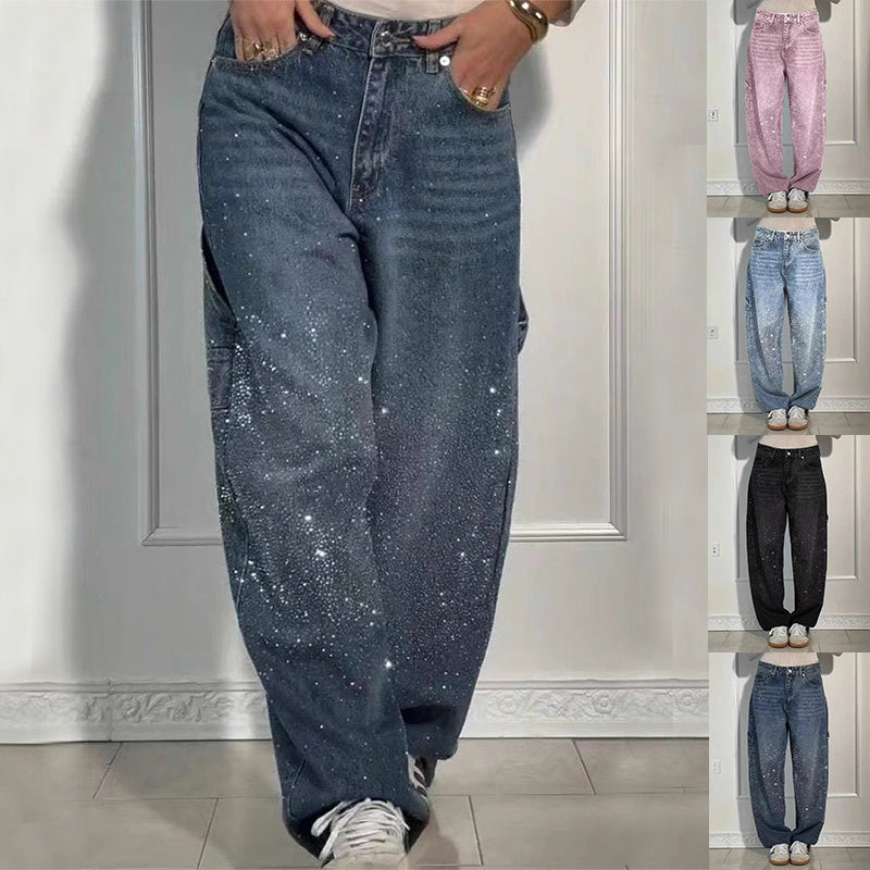 Ins Shiny Straight Jeans With Pockets Fashion Loose