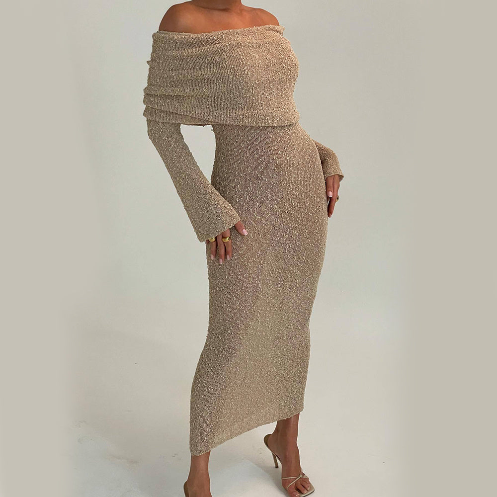 New One-shoulder Knitted Long-sleeved Dress Sexy Beach