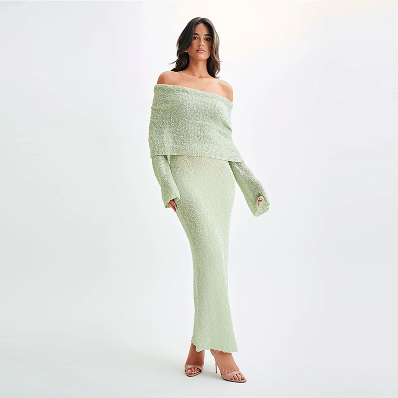 New One-shoulder Knitted Long-sleeved Dress Sexy Beach