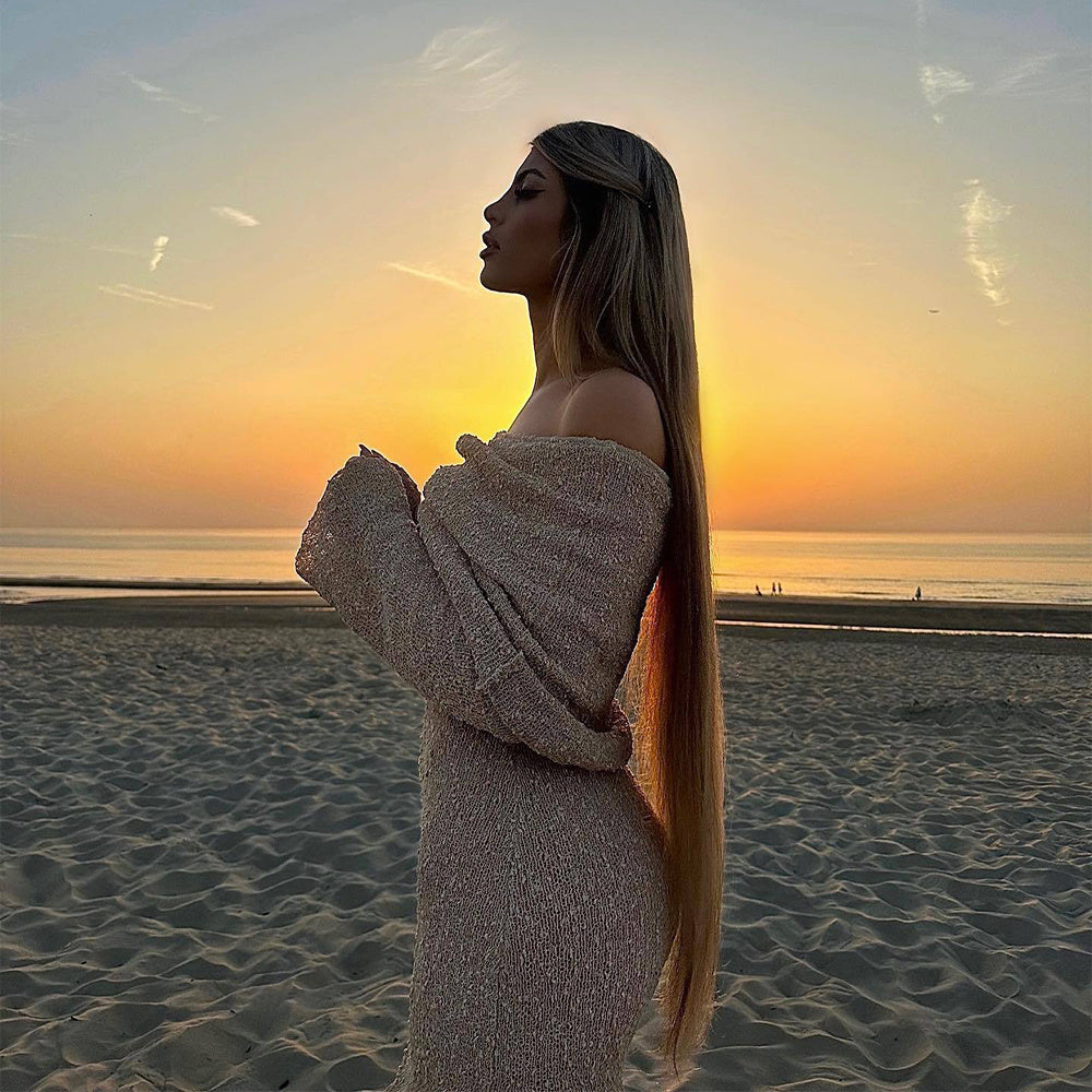 New One-shoulder Knitted Long-sleeved Dress Sexy Beach