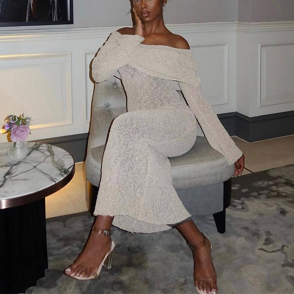 New One-shoulder Knitted Long-sleeved Dress Sexy Beach