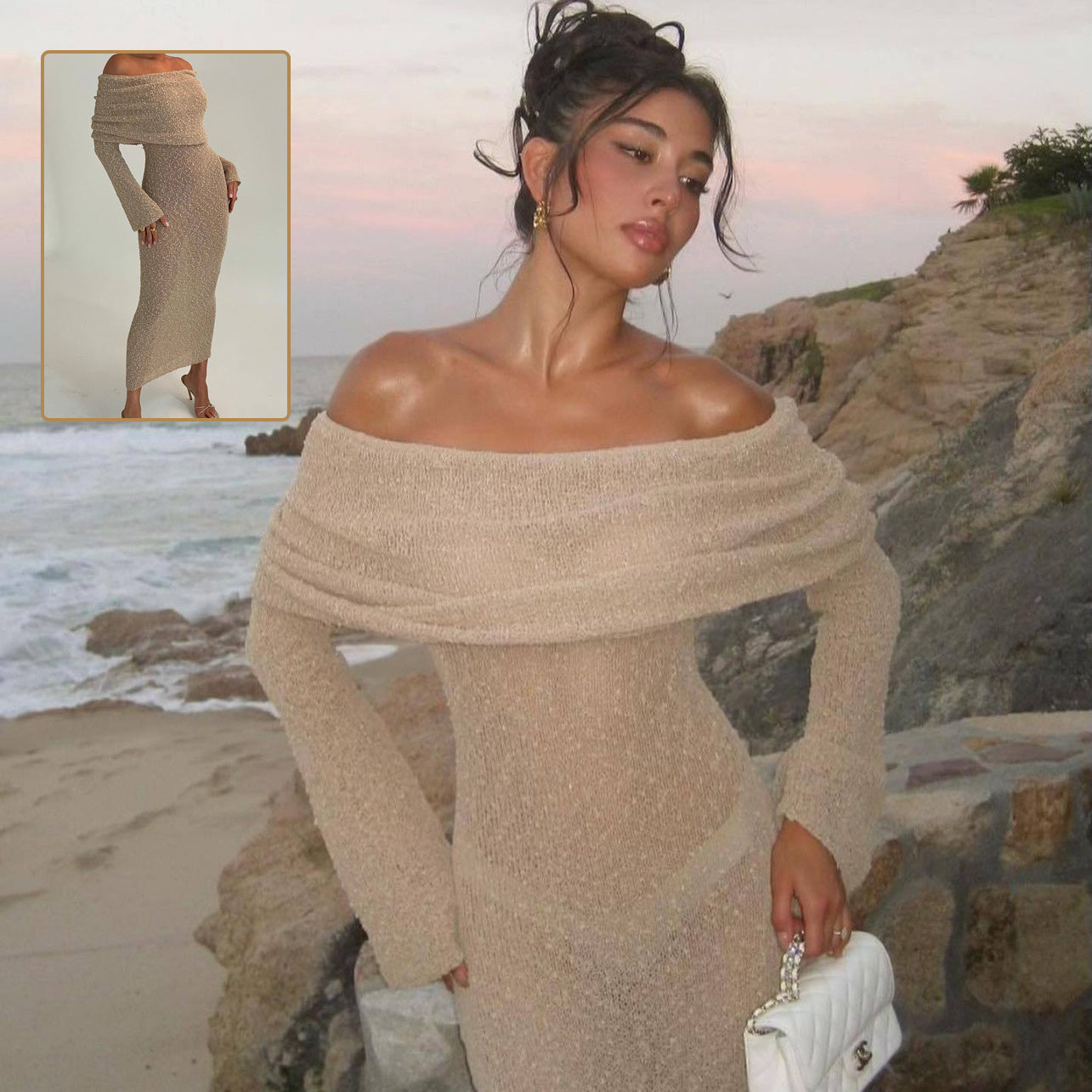 New One-shoulder Knitted Long-sleeved Dress Sexy Beach