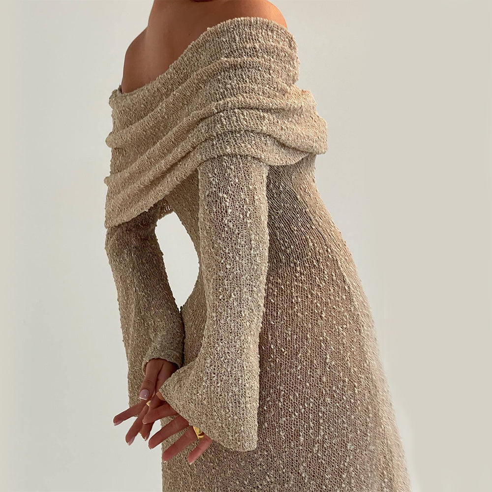 New One-shoulder Knitted Long-sleeved Dress Sexy Beach