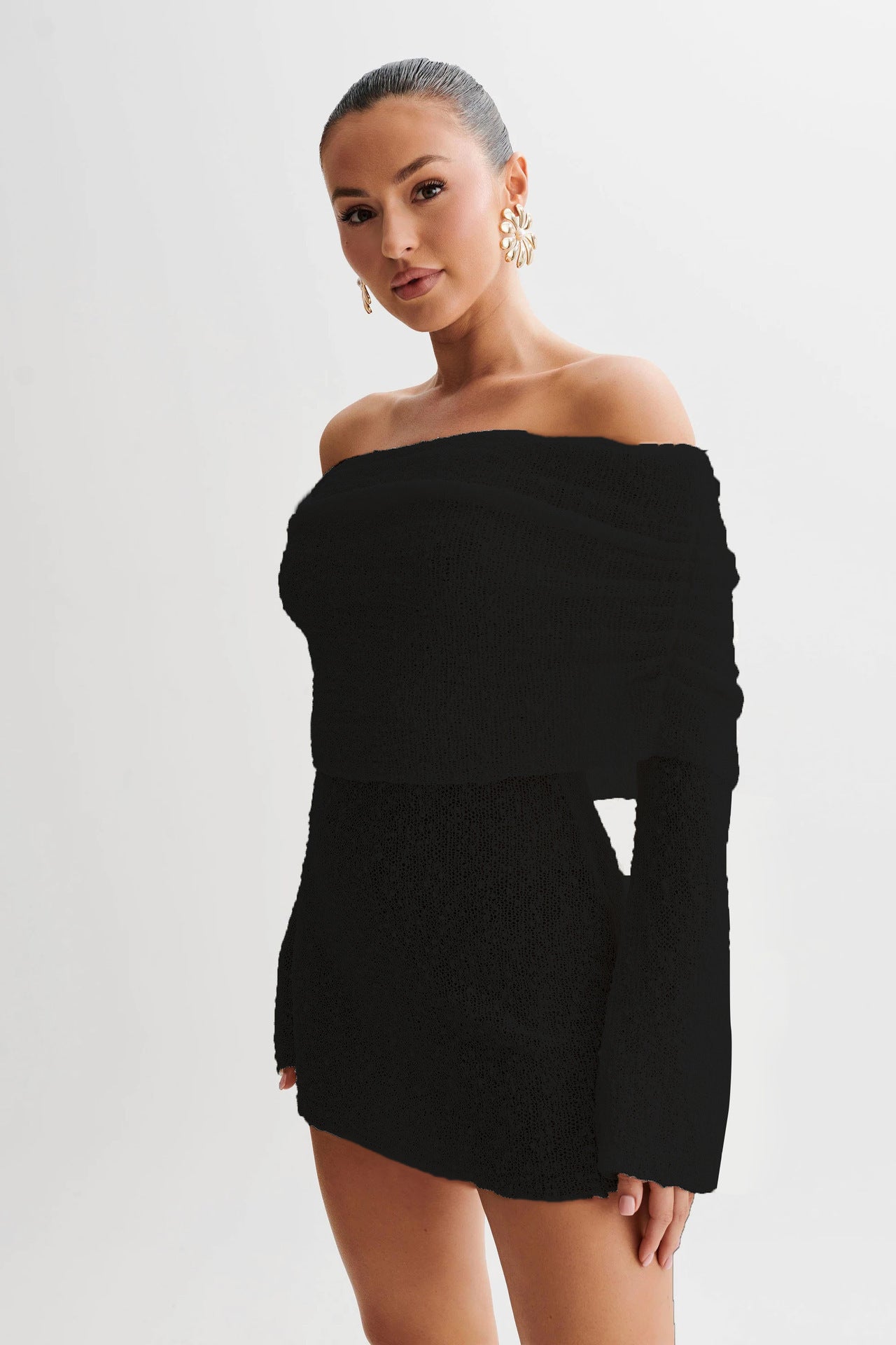 Women's Spring Summer Knitted Dress Elegant Party Boat Neck Dress Infant Off Shoulder