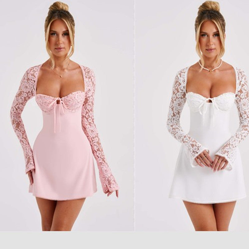 Fashion Corset Lace Long Sleeve Dress Sexy Y2K Backless Lace Up