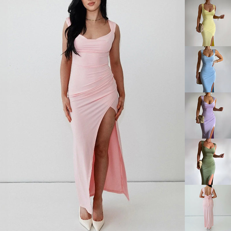 Slim Sleeveless Slit Dress With Back Tie