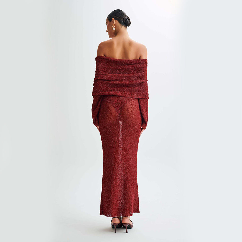 New One-shoulder Knitted Long-sleeved Dress Sexy Beach