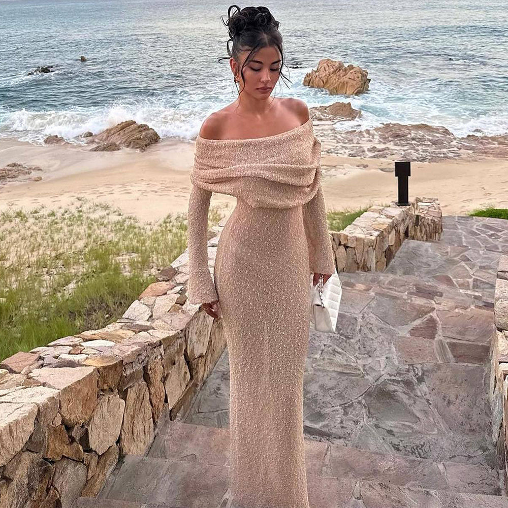 New One-shoulder Knitted Long-sleeved Dress Sexy Beach