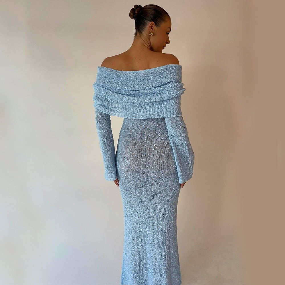 New One-shoulder Knitted Long-sleeved Dress Sexy Beach