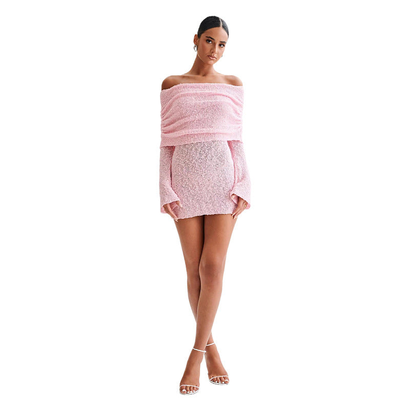 Women's Spring Summer Knitted Dress Elegant Party Boat Neck Dress Infant Off Shoulder