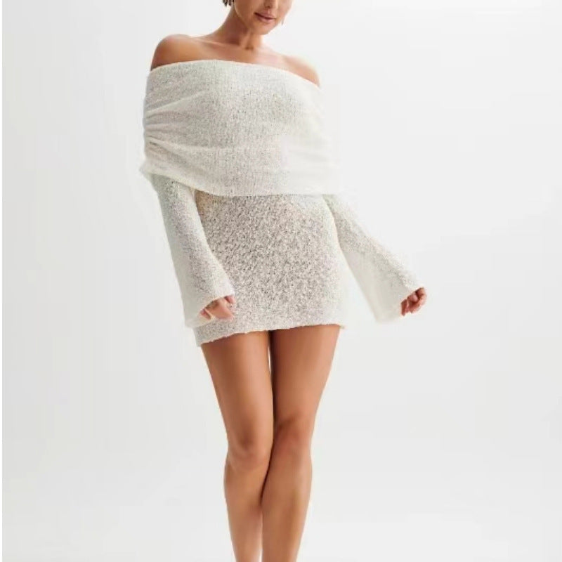 Women's Spring Summer Knitted Dress Elegant Party Boat Neck Dress Infant Off Shoulder