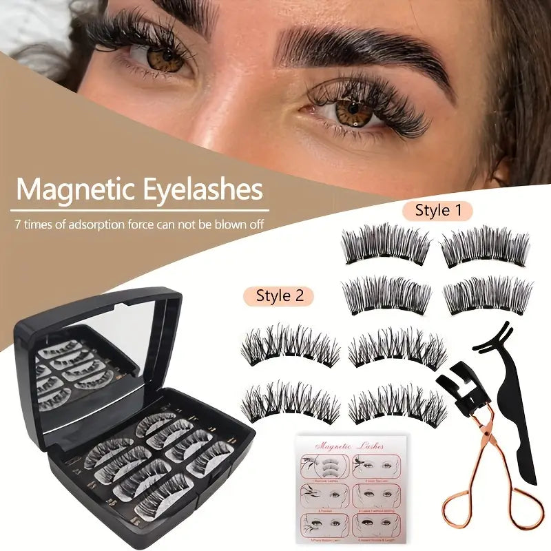 Magnetic Eyelash Set – 4 Pairs 3D Reusable False Lashes with Free Clip, No Glue Needed, Natural & Thick Look, 7X Magnetic Hold