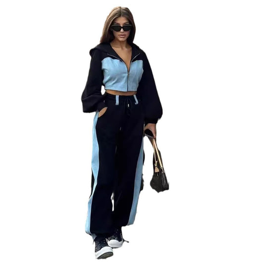 Fashion Casual Sweater Suit Denim Stitching Hooded Top And Trousers