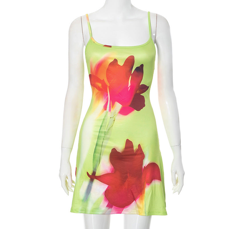 Summer Flowers Printed Suspender Dress Fashion Slim Square Neck Short Dresses