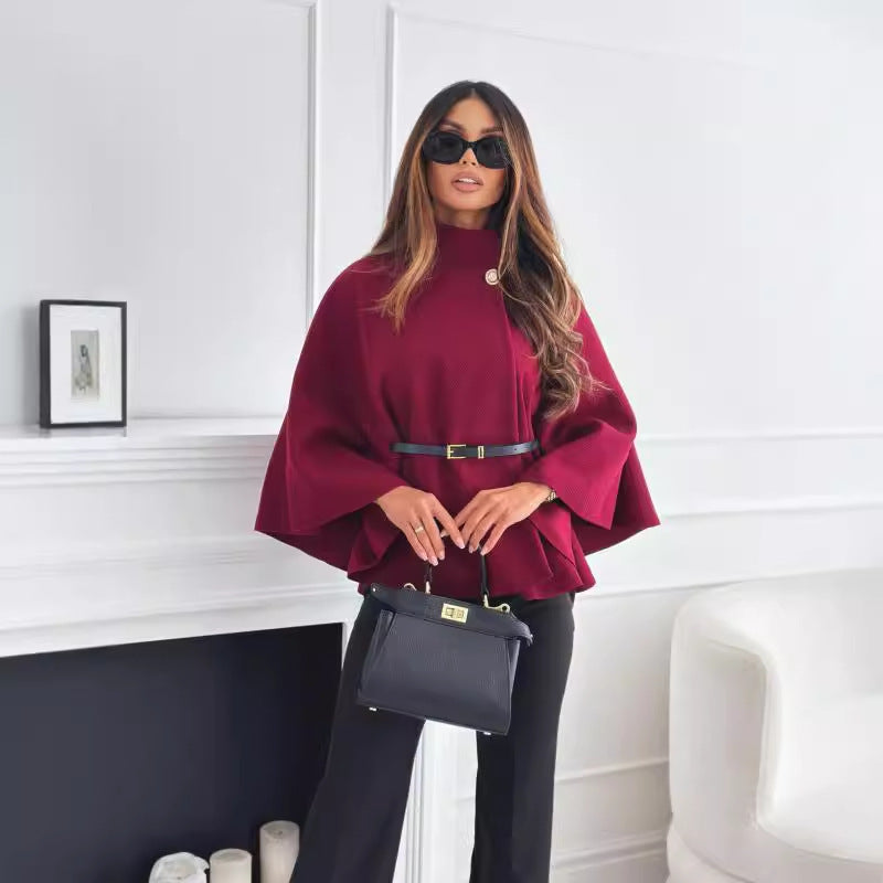 New Stand Collar Batwing Sleeves Cloak Top With Belt Ins Fashion