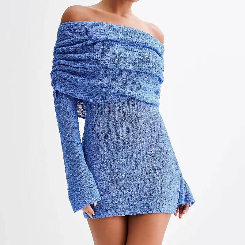 Women's Spring Summer Knitted Dress Elegant Party Boat Neck Dress Infant Off Shoulder