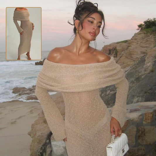 New One-shoulder Knitted Long-sleeved Dress Sexy Beach