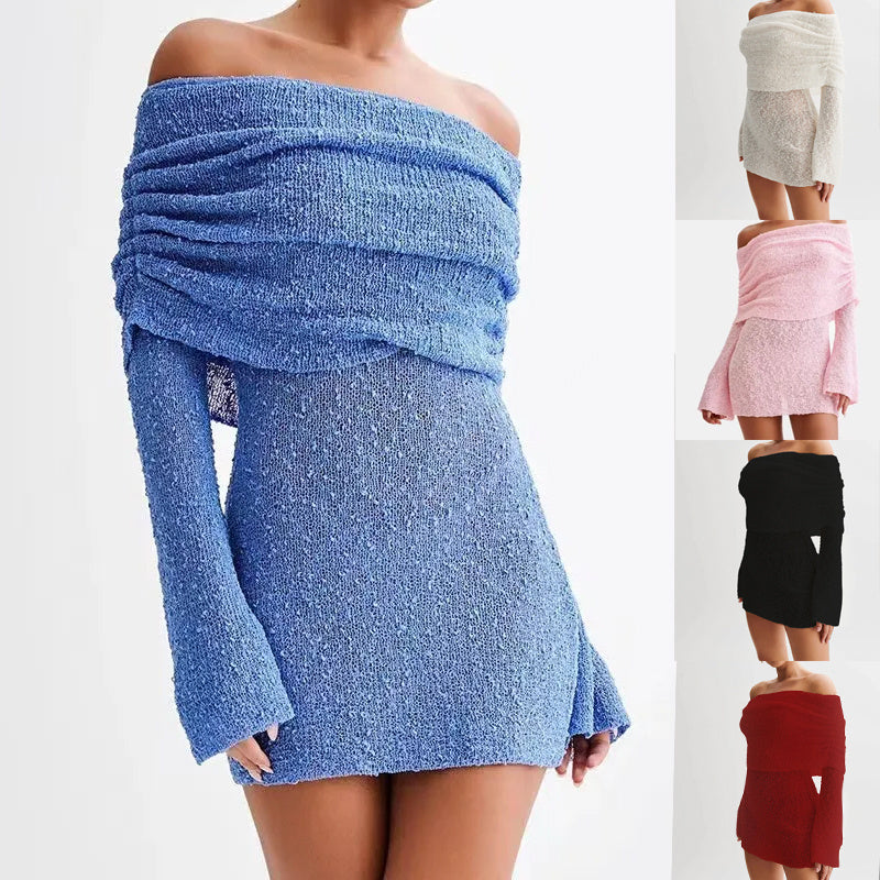 Women's Spring Summer Knitted Dress Elegant Party Boat Neck Dress Infant Off Shoulder