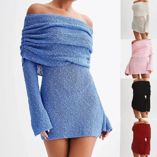 Women's Spring Summer Knitted Dress Elegant Party Boat Neck Dress Infant Off Shoulder