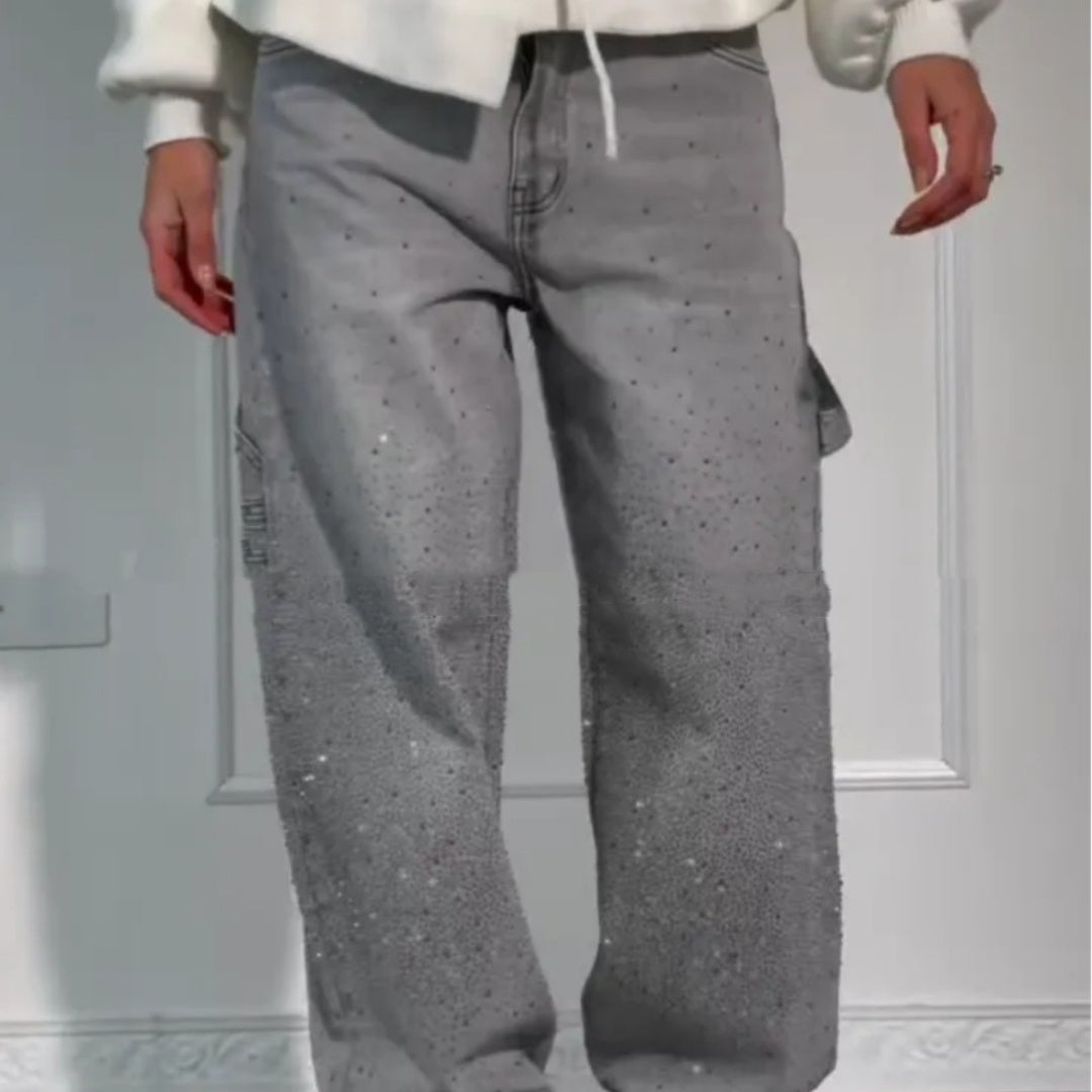 Ins Shiny Straight Jeans With Pockets Fashion Loose