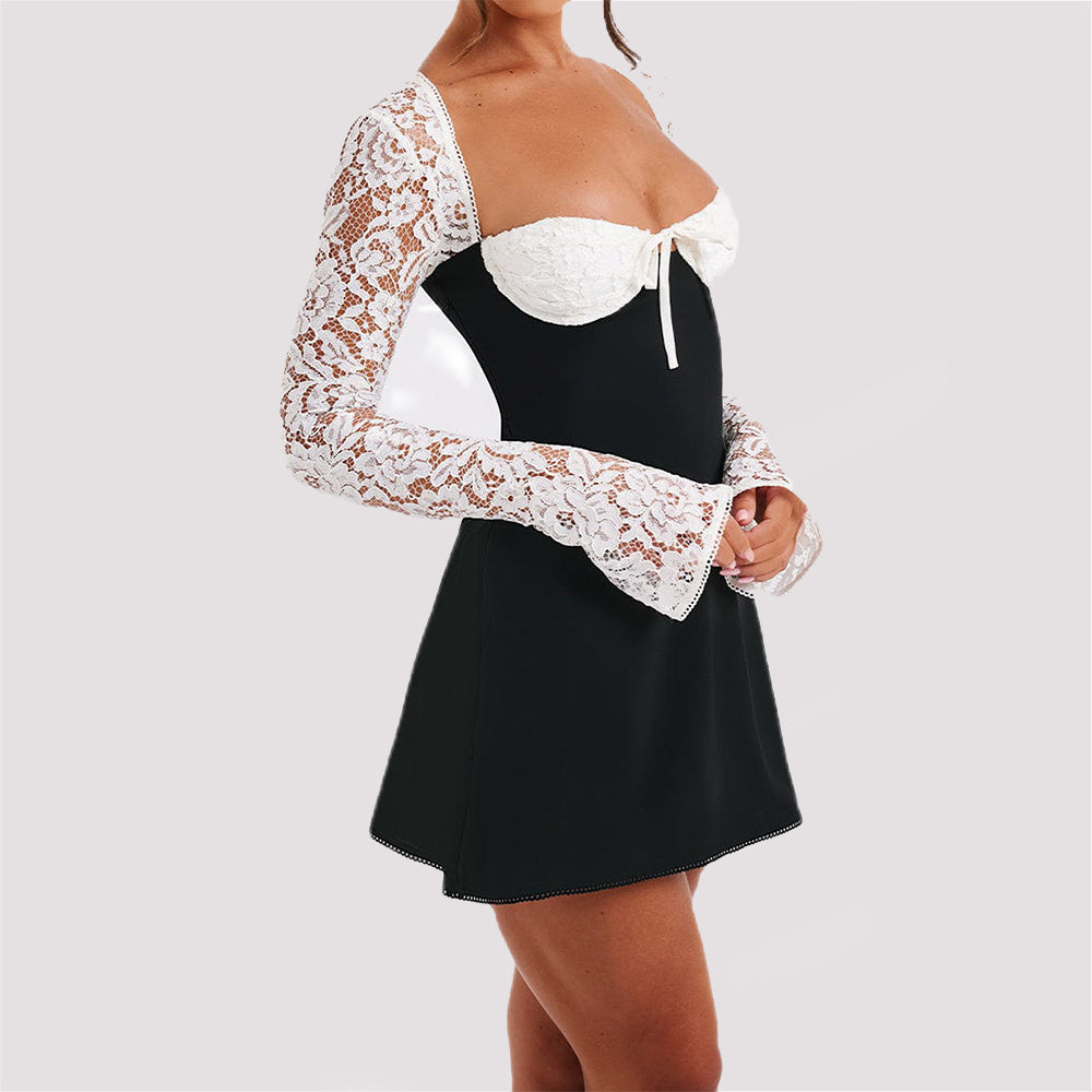 Fashion Corset Lace Long Sleeve Dress Sexy Y2K Backless Lace Up