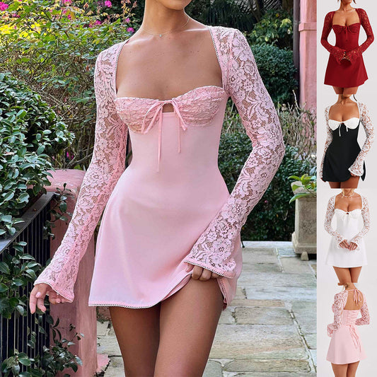 Fashion Corset Lace Long Sleeve Dress Sexy Y2K Backless Lace Up