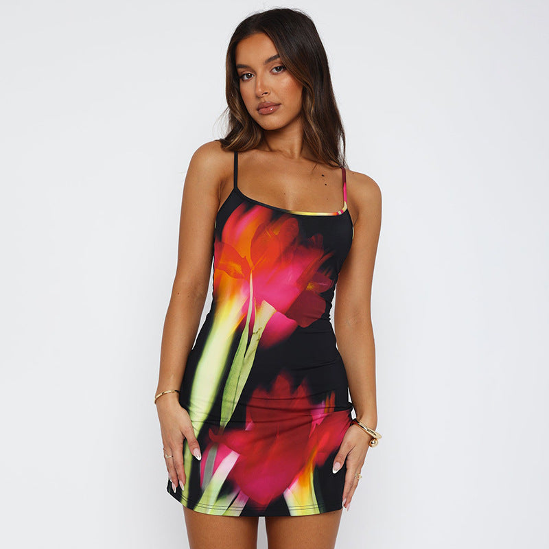 Summer Flowers Printed Suspender Dress Fashion Slim Square Neck Short Dresses