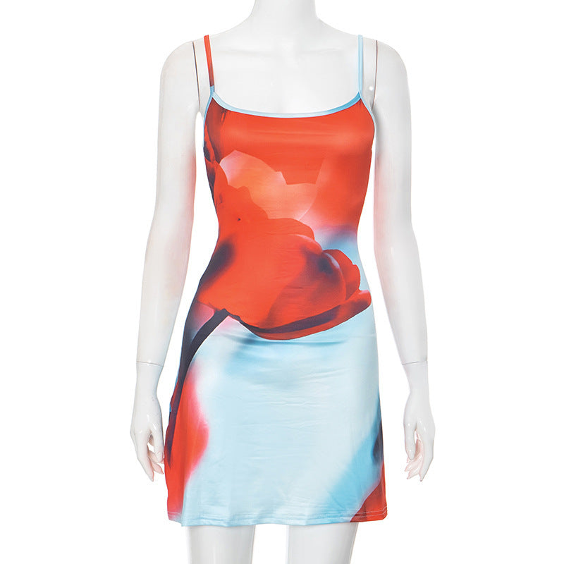 Summer Flowers Printed Suspender Dress Fashion Slim Square Neck Short Dresses