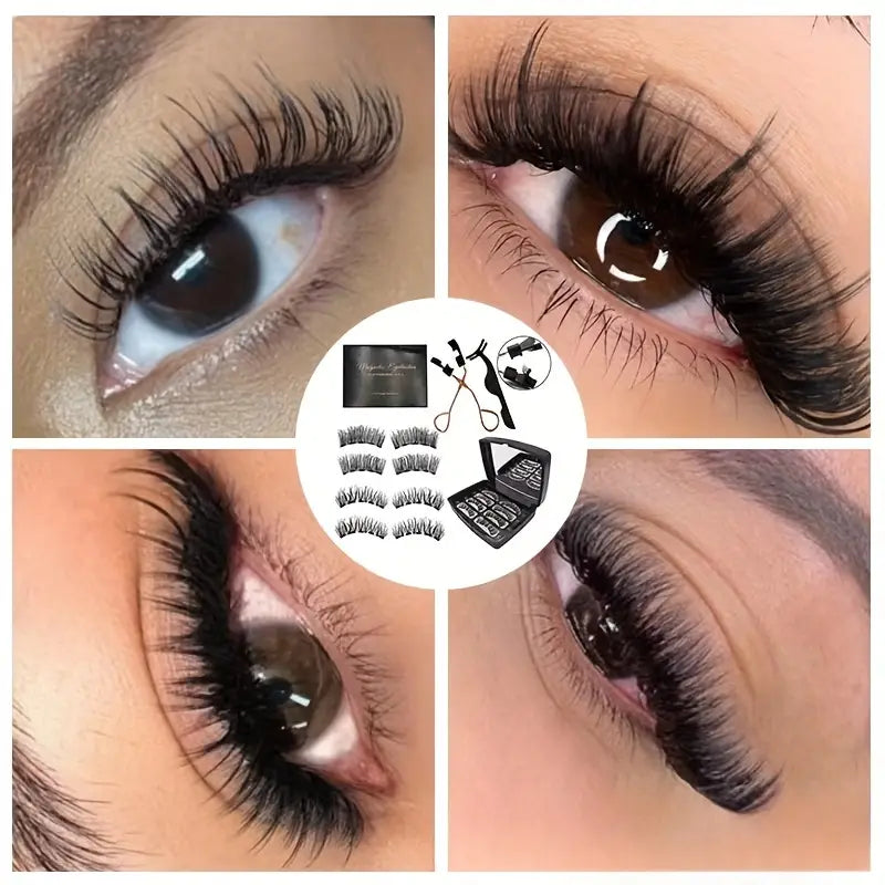 Magnetic Eyelash Set – 4 Pairs 3D Reusable False Lashes with Free Clip, No Glue Needed, Natural & Thick Look, 7X Magnetic Hold