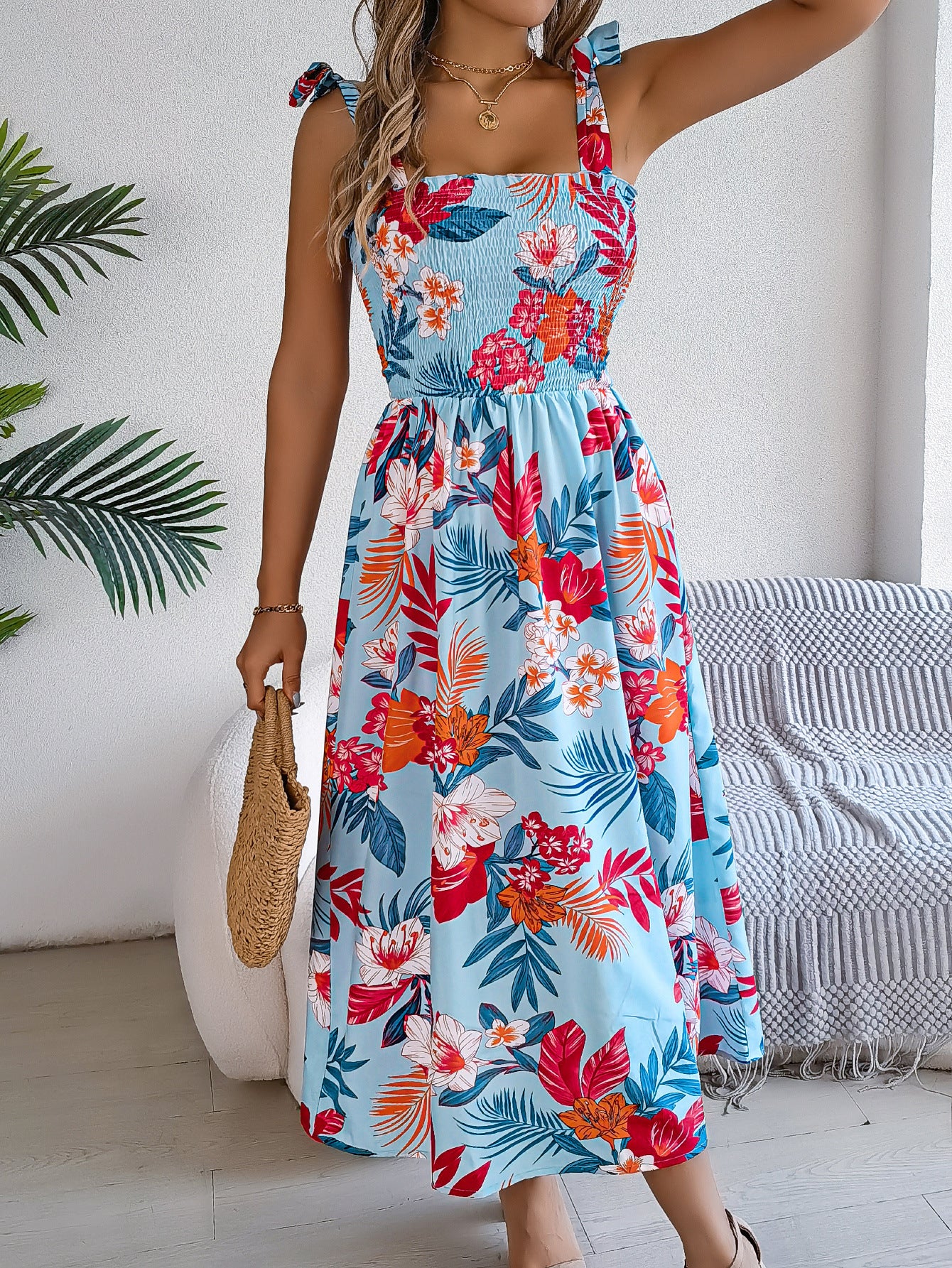 Flowers Print Suspender Corset Dress